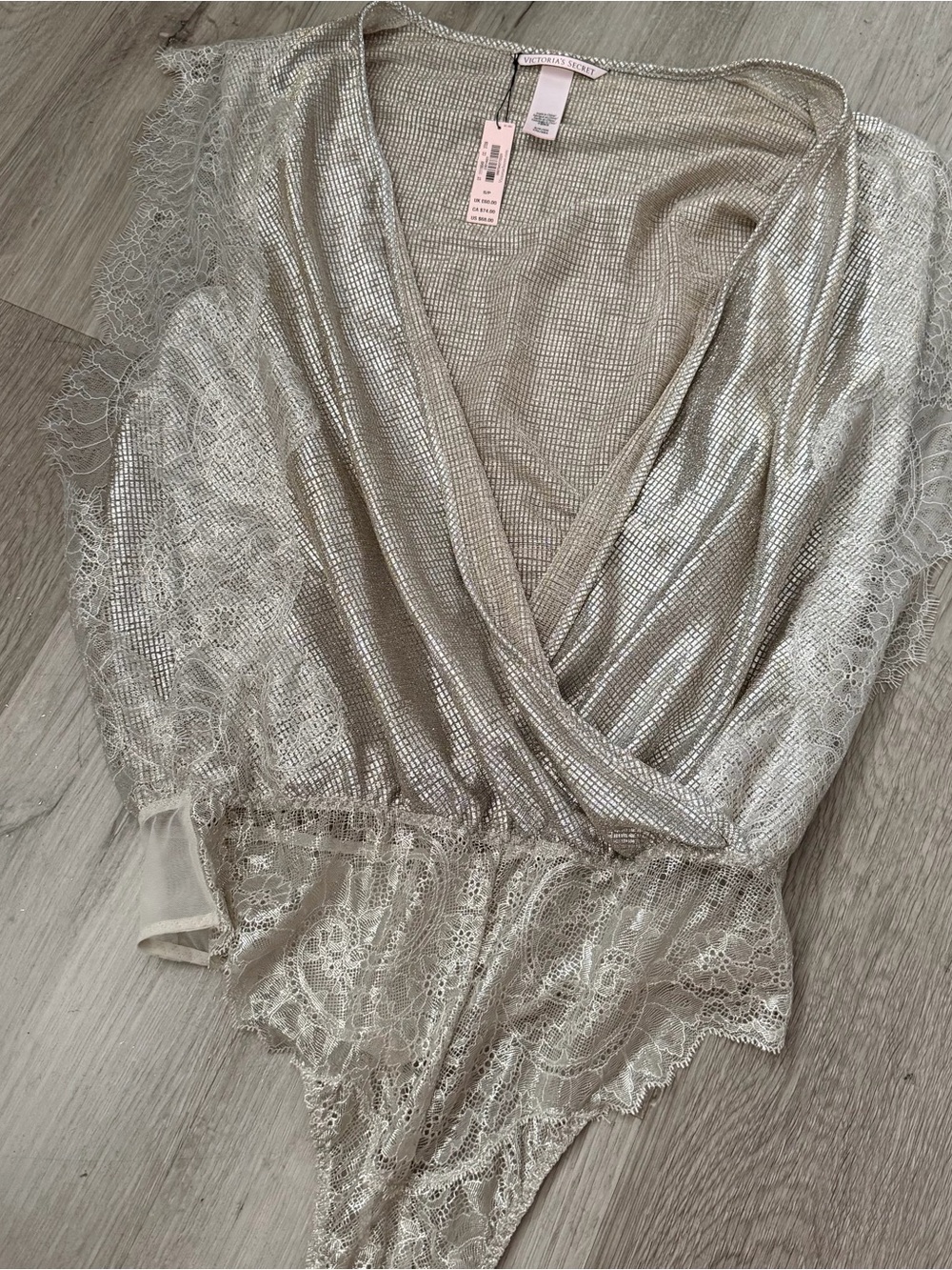 Victoria's Secret Silver Metallic Lace Surplice Bodysuit
